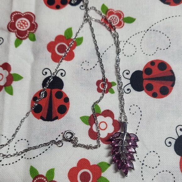 Natural Rhodolite Garnet leaf Sterling Silver Pendant Necklace - Picture 4 of 6